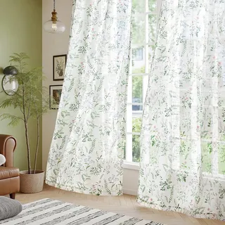TOPICK Grün Gardinen mit Kräuselband Sheer Voile Blumen Vorhänge für Schienensystem mit Verdeckten Schlaufen Transparente für Wohnzimmer Fenster Landhausstil 2er Set H225xB127(cm)