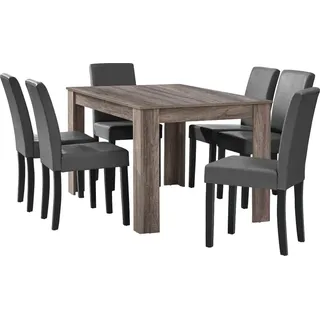 [en.casa] Esstisch Eiche antik mit 6 Stühlen dunkelgrau Kunstleder gepolstert 140x90 Essgruppe Esszimmer