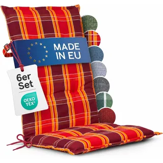 Homeoutfit24 Hochlehner Auflagen, Made in EU, 6er Set, Rot-Kariert | 120x50 cm, Gartenstuhlauflagen Sitzauflagen, Oeko-Tex zertifiziert, Hochlehner Polster