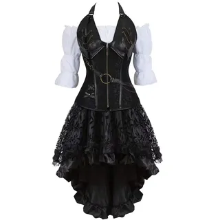 jutrisujo Korsett Damen Steampunk Corsagenkleid Corsage Kostüm mit asymmetrischer Spitzenrock und Bluse für Karneval Fasching Halloween - M