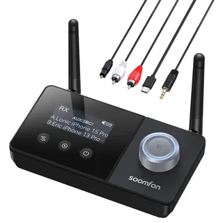 SOOMFON Bluetooth 5.3 Sender Empfänger für 2 Kopfhörer, 3-in-1 BT Audio Adapter mit Doppelantenne, Bluetooth Transmitter Receiver für TV/Stereoanlage, mit Lautstärkeregelung, Aux/Cinch/Optisch