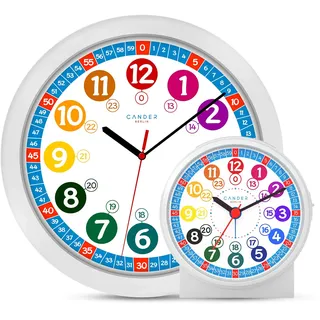 Cander Berlin MNU 1030 Kinderwanduhr Wanduhr und MNU 1009 S Kinderwecker lautlos Lernuhr Wecker Kinder Licht Snooze geräuschlos leise