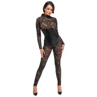Noir Handmade Stringbody Schwarzer Damen Dessous Bodystocking mit Unterbrust-Corsage aus Spitze schwarz 3XL