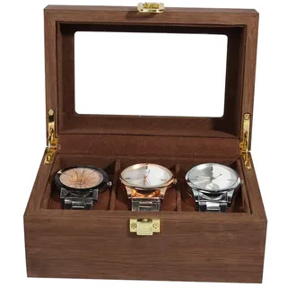 Uhrenbox mit 3 Fächern, Uhrenbox aus Holz, Uhrenkasten Uhren Aufbewahrungsbox mit Glasdeckel, Premium Uhrenschatulle, Geschenkidee, Uhrenbox Herren Geschenk für Boyfriend Ehemann, 16.5 x 11 x 8cm