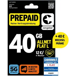 congstar Prepaid ALLNET L SIM-Karte ohne Vertrag I 40 GB Vielsurfer Prepaid-Paket + 40€ Wechselbonus, in D-Netz Qualität für Einsteiger I 5G mit 25 Mbit/s I Telefonie & SMS Flat in alle dt. Netze