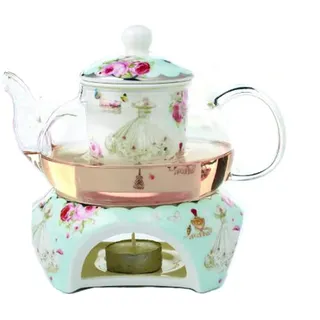 YBK Tech Teekanne mit Stövchen und Teesieb aus feinem Porzellan und Glas (Blau (Rosen- und Kleidermuster))