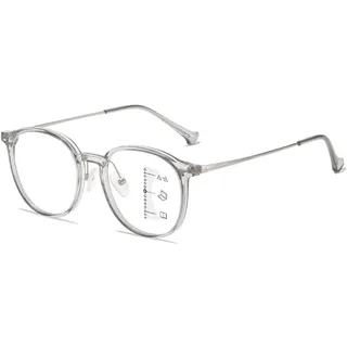 ALKAHE Retro Gleitsichtbrille Damen Herren Rund Progressive Multifokal Lesebrille Leicht TR90 Rahmen Gleitsichtlesebrille Transparentes Grau Gleitsichtbrille 1.0 - M
