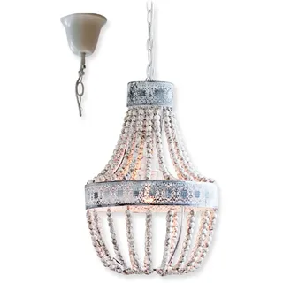 LOBERON Hängelampe Valcourt, von Hand aufgefädelte Holzperlen, orientalisch inspirierte Hängeleuchte, Wohn-Accessoire, Eisen, Hanf, Tannenholz, antikweiß