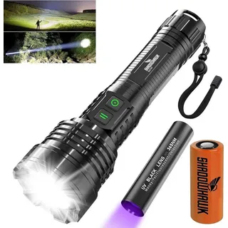 Shadowhawk LED Taschenlampe Taschenlampe Aufladbar Extrem Hell 500000 Lumen USB IP67 Outdoor Torch (Wiederaufladbares Taschenlampen-Set mit UV-Licht und 5 Lichtmodi., Enthält LED-Taschenlampe, USB-Ladekabel, Akku und Bedienungsanleitung), Energieeffizient, dimmbar, stufenlos einstellbar, warmweißes Licht schwarz
