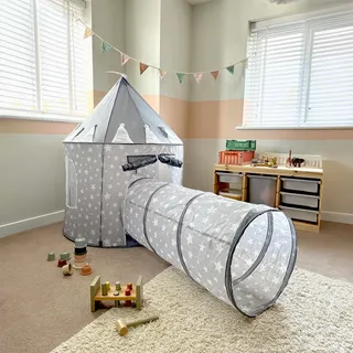 Relsy Graues Pop-Up-Zelt für Kinder, Graues Spielzelt mit Tunnel, Schloss-Spielzelt & 180cm Spieltunnel-Kombination, 135 X 100cm