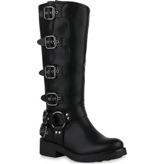 VAN HILL Damen Leicht Gefütterte Bikerstiefel Schnallen Nieten Schuhe 840848, Farbe: Schwarz, 36 - Schwarz