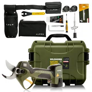 Alpen Swiss Tools Wildhorn 32 Akku-Astschere - elektrische Gartenschere Ø 32 mm, FELCO HSS-Klinge, LCD-Display, 3 Akkus, Profi-Set mit Zubehörkoffer, Schweizer Qualität für präzise Schnitte