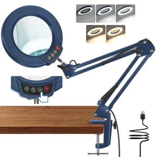 MagnieOpti 10X Lupe mit Licht und Klemme, LED Lupenlampe mit Glaslinse, 5 Farbmodi Stufenlosem Dimmen, Lupe mit Licht und Ständer, Hände Frei Leselupe für Senioren, Lesen, Basteln, Nähen - Blau