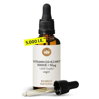 SUNDAY NATURAL® Vitamin D3 K2 Tropfen – Vitamin D 3 5.000IE (125μg) + K2-MK7 ≥99,8 % + all-trans 50μg – Vegan, Hohe Bioverfügbarkeit, ohne unnötige Zusätze