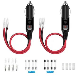 Giantdeer 2 Stück Zigarettenanzünder Stecker, Stecker Zigarettenanzünder 12V mit LED-Licht, 16AWG Auto Universalstecker 12V/24V mit 10A/15A Sicherung für Auto LKW Zigarettenanzünder Buchse(30CM)