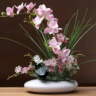 SYDDOL 17" Künstliche Orchideen im Topf, dekorativer Orchideen-Bonsai mit Real-Touch-Technologie, künstliche/falsche Orchideen, die echt Aussehen, für Tischdekorationen (Pink Blume und Weißer Topf)