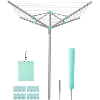 SONGMICS Wäschespinne, Wäscheständer, drehbar, klappbar, draußen, Garten, mit Wäscheklammern, Schutzhülle, silbern, 50 m Wäscheleine, für 5 Waschladungen LLR307EZ01