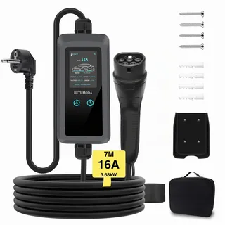 BETUMODA Typ 2 Ladekabel Schuko 3,68 kW 8A-16A,1-phasig, 7m,für EVs & PHEVS | Ladekabel Typ 2 Schuko 3,68kW, 8–16A , 2,8" LCD Display, IP65,Einstellbare Stromstärke und Zeit, Für PHEV & EV IEC 62196-2