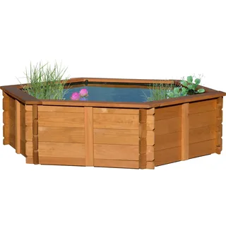 dobar® 29230FSCe Hochteich Hexagon | Gartenteich 330 L aus robustem Massivholz | Miniteich für Garten/Terrasse/Balkon | Teich für den Garten inkl. Teichfolie | 149 x 128,5 x 40 cm | Braun