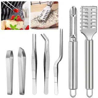 QINERSAW 7er Set Küchenpinzette Edelstahl Koch Pinzette Gräten Pinzette Grätenzange für fisch Fleischpinzette Fischpinzette Rostfrei Flach und Slant Zange für Koch Meeresfrüchte Geflügel Silber