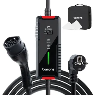 tomons Typ 2 Ladekabel Schuko 3,68 kW, 16A, 6M, Mobile Wallbox Elektroauto Ladegerät, EV Charger mit LED-Anzeige und Verzögerungsfunktion(Schaltbar Strom 6/8/10/13/16A)