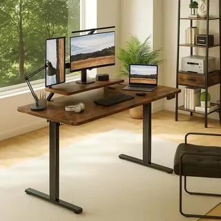 DUMOS Höhenverstellbarer Schreibtisch 160 x 60 cm, Elektrischer Schreibtische Höhenverstellbar, Gaming Tisch mit Monitorständer, Stehpult Verstellbarer Computertisch, Adjustable Standing Desk, Braun