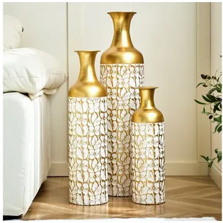BlingBin Bodenvase Deko-Bodenvase, 83/65/50 cm Hohes Metall-Set Dekovase (3er Set, 3 St., Groß: 20*20*83CM/Mittel: 17*17*65CM/Klein: 14*14*50CM), Dekorative Vase für Wohnzimmer, Flur und Schlafzimmer, Weiß+Gold weiß