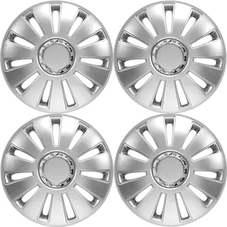 Radkappen 17 Zoll Silber Matt mit Chromring 4er Satz Radzierblenden | Passend für 17 Zoll Stahlfelgen: VW Tiguan Caddy, Skoda Kodiaq Karoq, Seat Tarraco, Audi Q3, Ford Kuga, Peugeot 3008