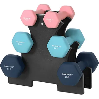 Songmics Kurzhantel Set Hexagon mit Hantelständer 2 x 1 kg, 2 x 2 kg, 2 x 3 kg, limettengrün, aquamarin, grau