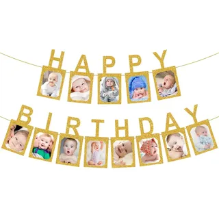 Happy Birthday Foto Girlande, Fotogirlande Geburtstag, Hängende Gold Foto Wanddekoration für Party Dekor Mädchen Jungen Heilige Kommunion Party