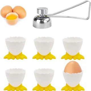 SIYINGSAERY 7 Stück Eierbecher Eieröffner Set Eierständer Eierhalter Kinder Frühstücks Egg Cup, 6 X Lustig Eierbecher Set mit 1 X Edelstahl Eiöffner für Rohes Gekochtes Eier Brunch (Gelb)