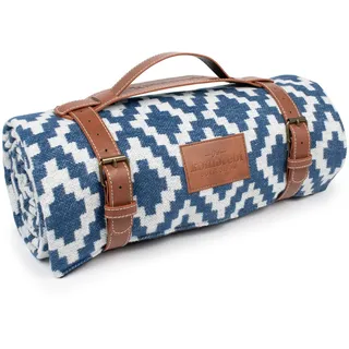 Komorebi Große wasserdichte Picknickdecke für den Außenbereich (198,1 x 149,9 cm) – 100% Baumwolle – Ledertrage – Stranddecke, sanddichte Faltbare Picknickmatte für 4 Erwachsene (blau/weiß) –
