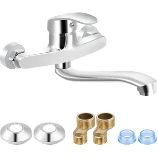 Wasserhahn Küche Wandmontage, 360° Drehbare Edelstahl Wasserhahn Küche Wandarmatur, Kalt und Heiß Einhebelmischer Küchenarmatur Wandmontage, Spültischarmatur, Mischbatterie Küche Schwenkarm 25cm