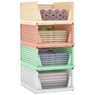 Yorbay Organizer 4er Set Stapelbarer Kleiderschrank Organizer 43 x 33 x 19 cm (Garderoben Aufbewahrungsbox aus Plastik), Regal Stapelschubladen für Schlafzimmer, Küche, Badezimmer bunt