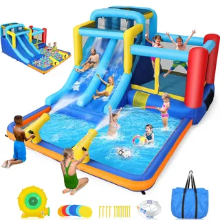 Aufblasbare Wasserrutsche Hüpfburg mit Gebläse für Kinder 3-12 Jahre, Trocken-/Wasserrutsche, Wasserpark mit Doppelrutsche, Planschbecken & Schwimmbecken, Basketballkorb, Wasserkanone
