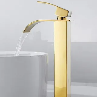Badezimmerarmatur, Hoher Wasserfall-auslauf Für Waschbecken, Moderner Quadratischer Kalt- Und Warmwassermischer Aus Chrom, Einlochmontage (gold)