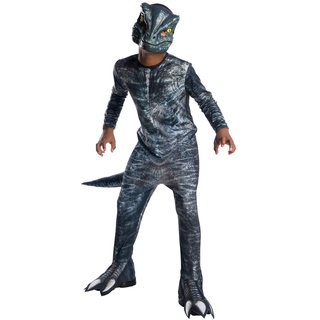 Rubies Velociraptor-Dinosaurier-Kostüm für Jungen, offizieller bedruckter Overall aus dem Jurassic World-Film mit Maske und Stiefelüberzügen für Halloween, Weihnachten, Karneval und Geburtstag