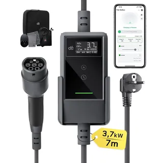 dé Typ 2 Ladekabel Schuko 3,7kW 7m mit APP, 6-16A einstellbar, schwarz | Plug & Play, LCD-Display, IP66, RCD Typ A 30mA AC+6mA DC integrierter, App Fernsteuerung, Ladekabel typ 2 schuko für EV/PHEV