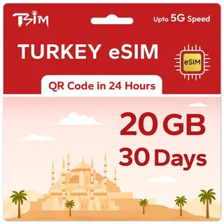 TSIM Prepaid Türkei eSIM für Reisen, 30 Tage, 20 GB, 5G Geschwindigkeit, Hotspot erlaubt, eSIM QR-Code per E-Mail innerhalb von 24 Stunden nach Versand gesendet | QR-Code scannen und sofort verwenden