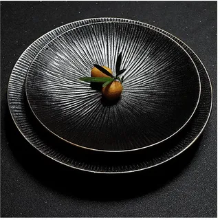 WAOCEO Speiseteller Matte Black Porzellan-Dinner-Platten rund mit Gold-Felgen-Keramik-Dessert-Platten for Steak-Salatsteak und Pasta-Set for 2 Geschirr Teller