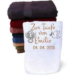 Handtuch zur Taufe mit Namen bestickt Taufgeschenk Mädchen Junge personalisiert Taube Engel Name Paten-Tante Gastgeschenk Schutzengel Paten-Kind Baby-Geschenk Tauf-Datum weiß Bestickung Wunschname