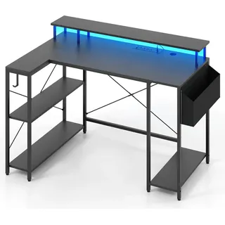 Costway L-förmiger Schreibtisch 120cm mit Steckdosen, LED, Monitorständer, Regalen & Aufbewahrungstasche, Eckschreibtisch Gaming Computertisch Sc... - Schwarz