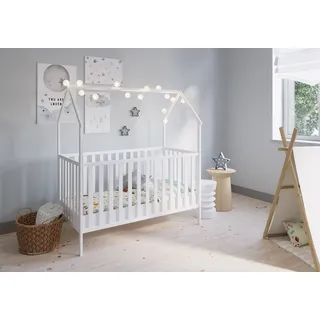 FabiMax Kinderbett Hausbett Schlafmütze 140 x 70 cm Liegefläche, weiß lackiert, Kiefernholz massiv, Gitterbett, Umbaubar zum Juniorbett