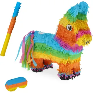 Relaxdays Pinata Esel, mit Stab und Maske, Blau,Gelb,Orange