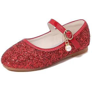 YUKQEYLE Prinzessinen Schuhe Glitzer Mädchen Schuhe Ballerinas Mädchen Kinder Glitzer Ballerinas Mary Jane Flache Schuhe Kristall Sandalen Hochzeit Partei(28 EU-219-Rot) - 28 EU