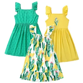 YI Druckkleid Mädchen Kleid Set Packung mit 3 Ärmellos Rüschen Prinzessinkleider 6-7Y