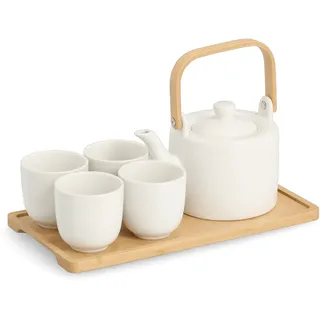 Zeller Tee-Set 6-tlg. Steingut/Bambus weiß