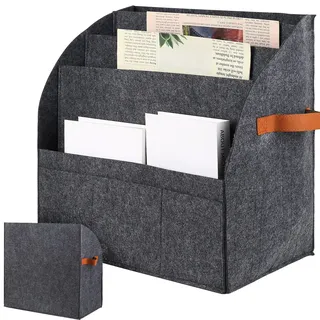 Faltbarer Zeitschriftenständer, Zeitschriftensammler, Filz Zeitungsständer Modern, 4-Lagen-Trennwand Zeitschriftenhalter, Zeitungshalter mit 3-kleine Taschen für Haus Büro Schreibtischorganizer