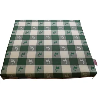 Sitzkissen Karo in Grün | 1 Stück Stuhlkissen komplett mit Schaumstoff-Füllung 35 x 38 x 3,5 cm | passende Landhaus-Serie - langlebig, grün-weiß kariert aus Webstoff mit kleinen Hirschen als Motiv
