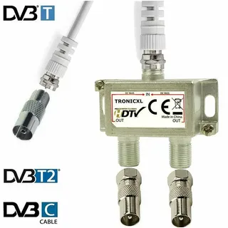 TronicXL IEC Verteiler Antennenverteiler 2fach + Kabel Adapter Kabelfernsehen DVB-T2 DVBC Koax Sat Splitter